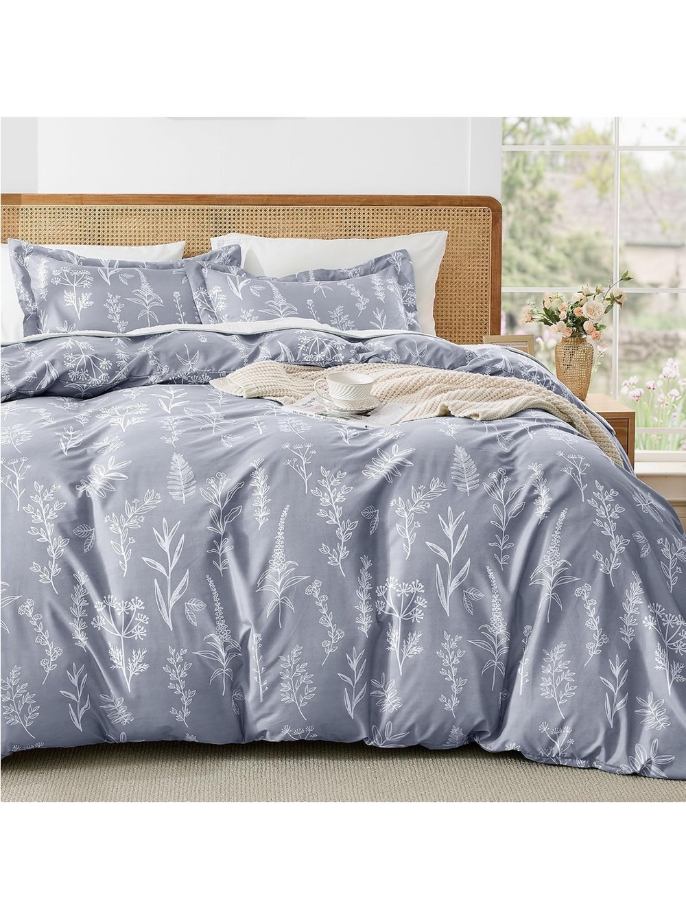 NEW MUXHOMO Duvet Cover Set, Reversible Floral Grey w/ Zipper Closure. 3 pieces